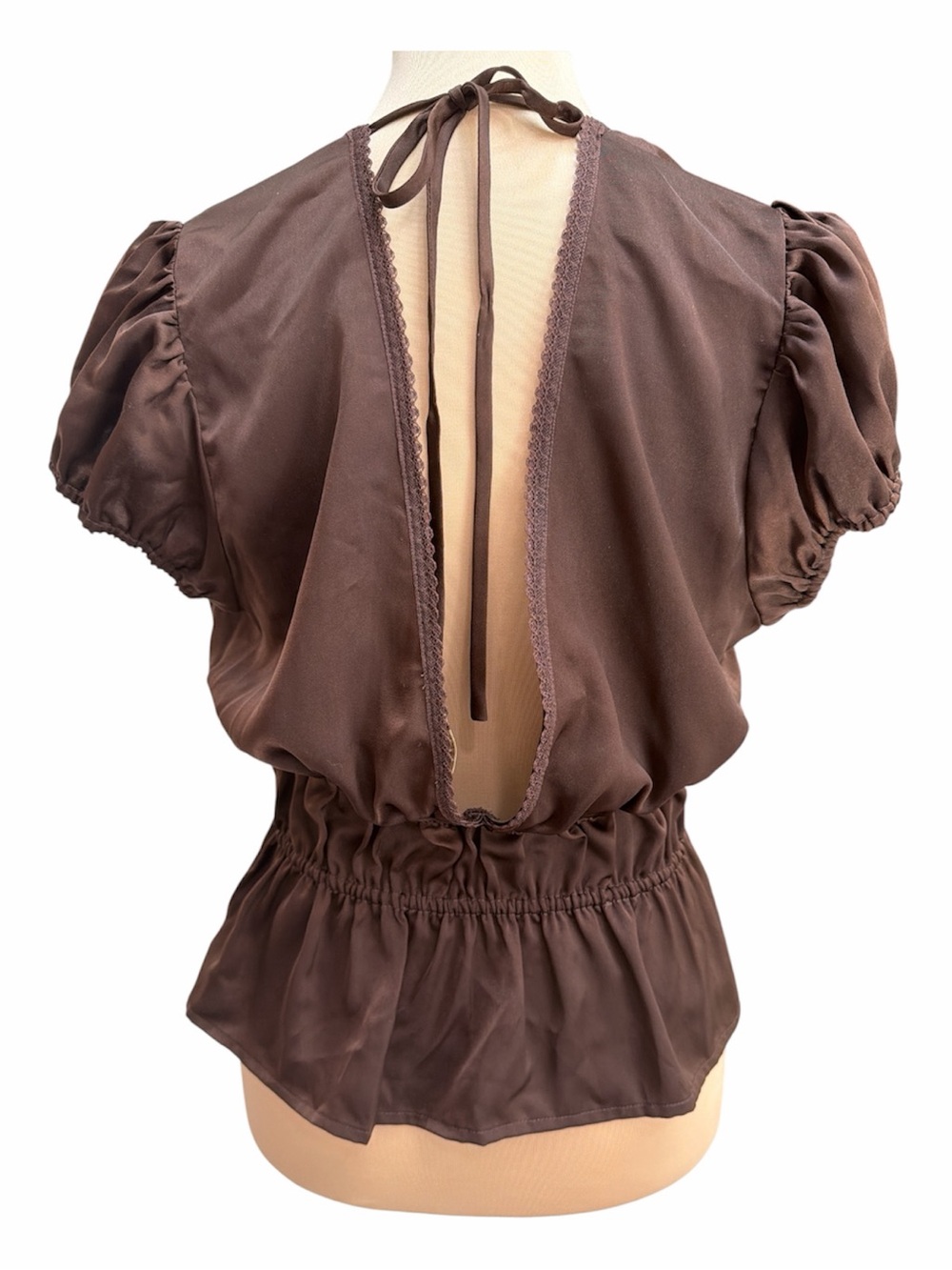 Wayf Chocolate Brown V-Neck Drawstring Waist Blouse - Picture 5 of 5